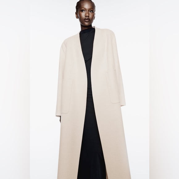 NWOT. Zara Cream Wool Blend Robe Coat. Size L. - Picture 4 of 12